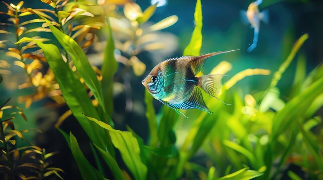 Exotic angelfish navigating through lush aquatic plants in a freshwater aquarium setup