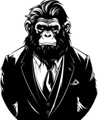 Corporate Class Long Haired Chimpanzee in Suit Emblem Formal Finesse Stylish Chimp Icon Design