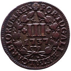 Old Portuguese III Réis Copper coin from the reign of Pedro II king of Portugal in the 17th century