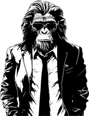 Suave Simian Chimpanzee in Suit Emblem Executive Elegance Long Haired Chimp in Stylish Attire Icon