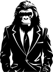 Formal Finesse Long Haired Chimp Wearing Suit Icon Business Baboon Suited Chimpanzee Vector Emblem