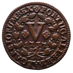 Portuguese V reis coin in copper from the reign of Jo&atilde;o V king of Portugal in the 18th century