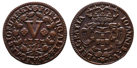 Portuguese V reis coin in copper from the reign of João V king of Portugal in the 18th century
