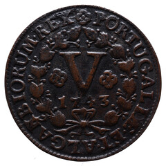 Portuguese V reis coin in copper from the reign of João V king of Portugal in the 18th century