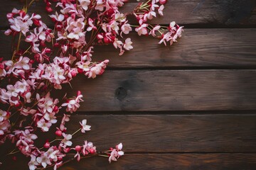 Naklejka na ściany i meble Pink blossoms on wooden table evoke nature and romance