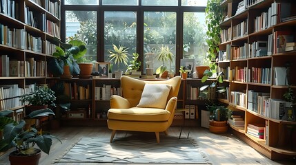Sunny Home Library Oasis with Scandinavian Style. Concept Home Library Design, Scandinavian Decor, Cozy Reading Nook, Natural Light, Minimalist Furniture