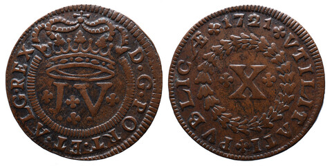Old Portuguese X reis coin in copper from the reign of João V king of Portugal in the 18th century