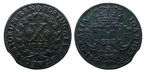 Portuguese X reis coin in copper from the reign of João V king of Portugal in the 18th century