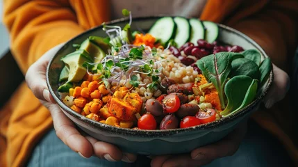 Poster person enjoying a Buddha bowl filled with colorful veggies, grains, and lean protein, embracing a plant-based diet for optimal health. © buraratn