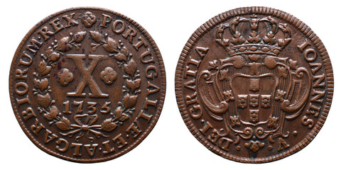 Portuguese X reis coin in copper from the reign of João V king of Portugal in the 18th century