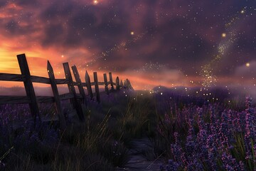: A field of lavender stretches towards the horizon, its purple hues deepening as the day surrenders to dusk. A weathered wooden fence separates the lavender from a wild meadow, where 
