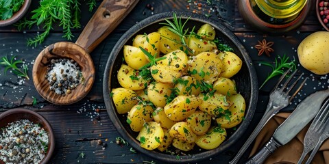 boiled potatoes with herbs Generative AI - obrazy, fototapety, plakaty