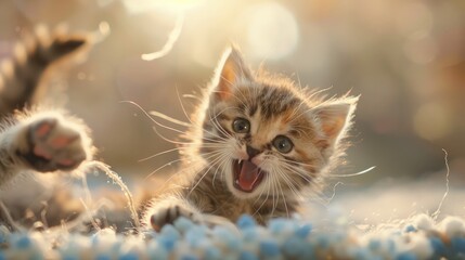 playful kitten frolics with a toy, an adorable grin stretching across its furry face in sheer...