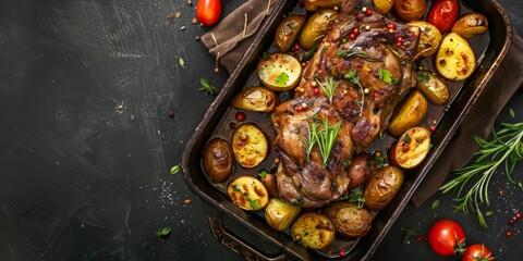 meat with potatoes and herbs Generative AI - obrazy, fototapety, plakaty