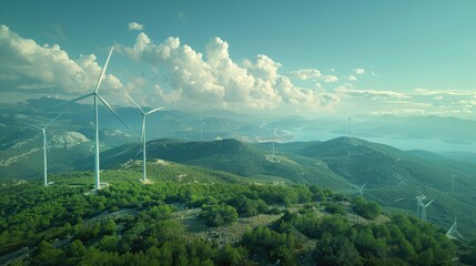 scenic landscape with wind turbines generating clean energy, showcasing renewable energy solutions to mitigate environmental degradation and combat climate change.