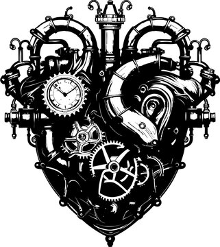 Cog and Piston Embrace Mechanical Heart Emblem Design Steam Fueled Sentiment Steampunk Human Heart Vector Logo