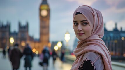 portrait of a woman with hijab in England with Big Ben in the background out of focus at sunset in...