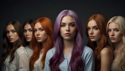 Obraz premium A creative and interesting concept brought to life in this image, showcasing six women with distinct hair colors and skin tones, each with their own unique story to tell.