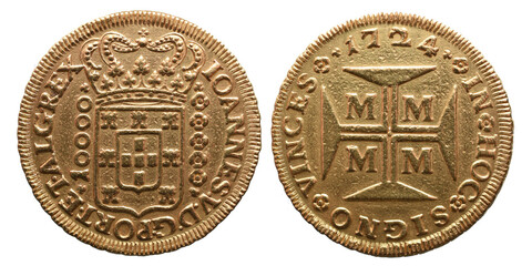 Portuguese gold coin from the reign of Dom João V in the 18th century. Meio dobrão (half a doubloon). Coin minted in Brazil in Minas Gerais