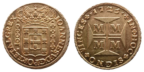 Foto auf Acrylglas Half Dome Portuguese gold coin from the reign of Dom João V in the 18th century. Meio dobrão (half a doubloon). Coin minted in Brazil in Minas Gerais