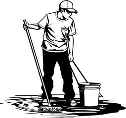 Sparkling Solutions Cleaning Floor Icon Vector Clean Sweep Man with Bucket and Mop Logo