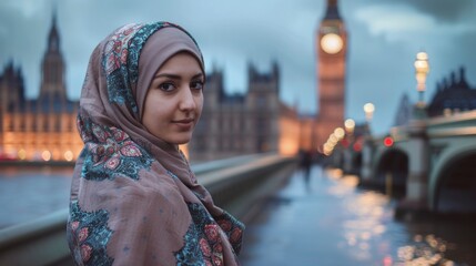 Portrait of a woman with a hijab in England with Big Ben in the background out of focus at sunset...