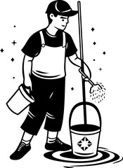 Tidy Tactics Man with Mop and Bucket Design Gleam Team Floor Cleaning Icon Emblem