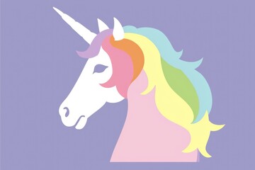 Magical unicorn with vibrant rainbow-colored mane on a purple backdrop