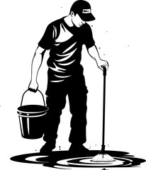 Gleam Team Man with Bucket Vector Emblem Pristine Properties Cleaning Floor Icon Design