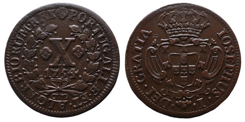 Obverse and reverse of a Portuguese coin worth X réis in copper from King Dom José I dated 1754....