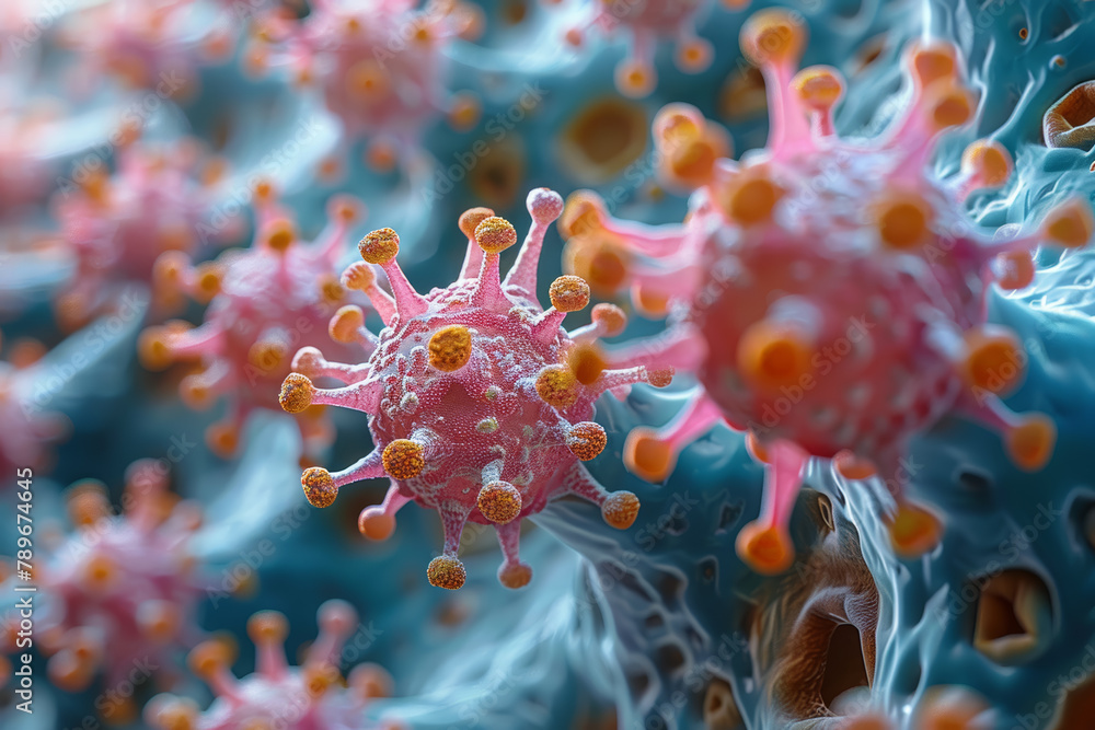 Poster a representation of the molecular structure of pathogens responsible for infectious diseases, highli