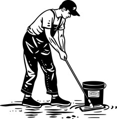 Clean Sweep Floor Cleaning Logo Vector Mopping Marvel Man with Bucket Icon Emblem