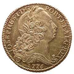 Portrait of King Dom José I on a Portuguese gold coin dated 1775.