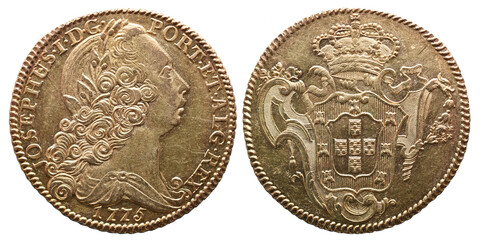 Obverse and Reverse of Portuguese gold coin of King Dom José I minted in Lisbon. Portrait of the...
