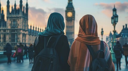 group of muslim women with hijab in England with Big Ben in the background out of focus during the...