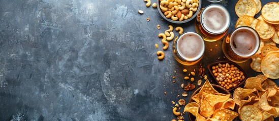 Lager beer and a variety of snacks placed on a stone table, including nuts, chips, and pretzels. Viewed from above with space for text.