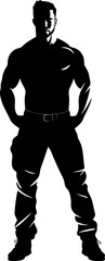 Fototapeta na wymiar Denim Dynamics Muscled Man Logo Vector FlexForce Jeans Muscular Emblem Icon