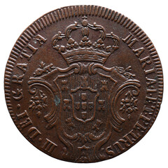 Old Portuguese III Réis Copper coin from the reign of Maria I Queen of Portugal in the 18th century