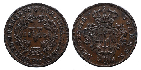 Old Portuguese V Reis coin in Copper from the reign of João Principe Regent king of Portugal in...