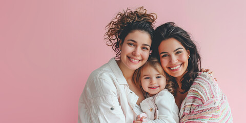 Same Sex Couple with Their Daughter on a Pink Background with Space for Copy. Mothers Day Image