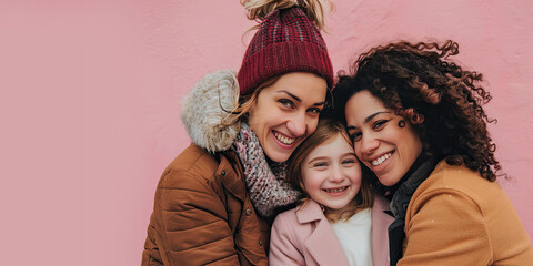 Happy Same Sex Couple with Their Daughter on a Pink Background with Space for Copy. Mothers Day Image
