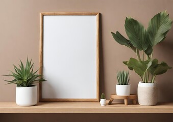 Room interior with mock up photo frame on the brown bamboo shelf with beautiful plants. Interior poster mockup with vertical wood