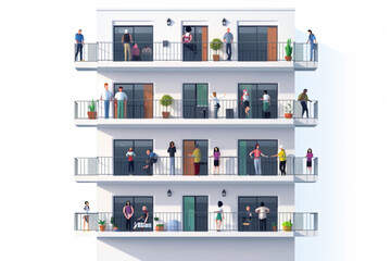 Neighborhood concept. People stand on balconies or look out of windows. The neighbors of an apartment building 3D avatars set vector icon, white background, black colour icon