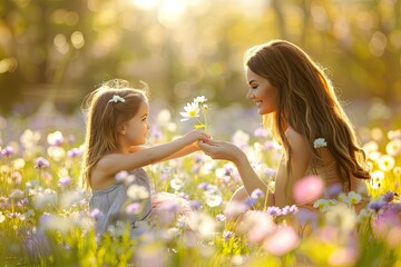 Happy Mothers Day Image of a Mother and Daughter in a Field of Flowers