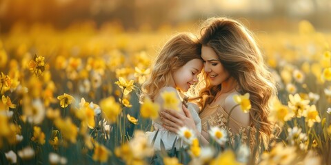 Happy Mothers Day Image of a Mother and Daughter in a Field of Flowers