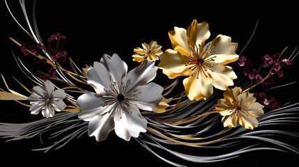 Fantastic metallic floral arrangement in gold and silver on a black background