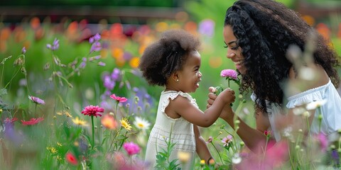 Mother Day Image of a Happy Black Mother and Daughter in a Field of Flowers