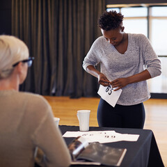 Black woman, dancer and number in audition for performance art, contemporary project or talent...