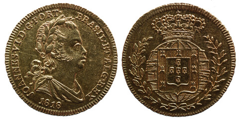 Old Portuguese coin in Gold from the reign of João VI king of Portugal in the 19th century