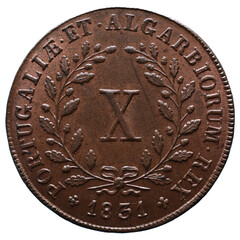 Old Portuguese X Reis Copper coin from the reign of Miguel I king of Portugal in the 19th century